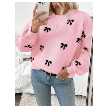 BEAUDRM Women's Y2K Bow Print Sweater Crewneck Long Sleeve Drop Shoulder Knit Pullovers Sweaters Pink Medium