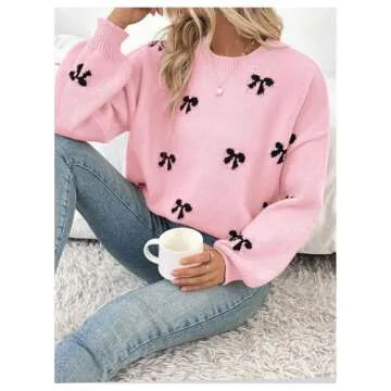 Stylish BEAUDRM Women's Bow Print Sweater in Pink