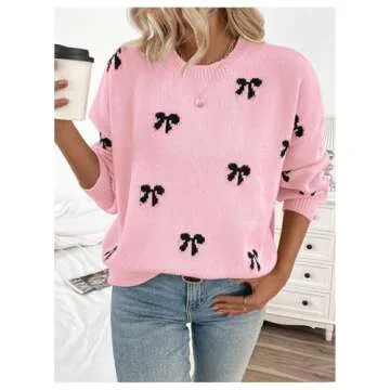 Stylish BEAUDRM Women's Bow Print Sweater in Pink