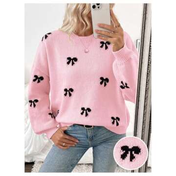 BEAUDRM Women's Y2K Bow Print Sweater Crewneck Long Sleeve Drop Shoulder Knit Pullovers Sweaters Pink Medium