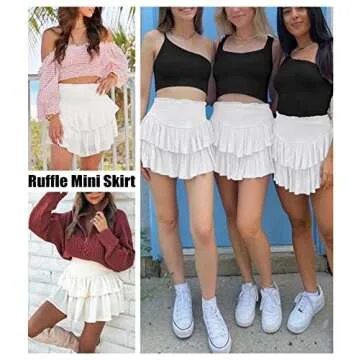 MIYIEONZ Women's Cute High Waist Ruffle Mini Skirt Layered Ruffle Hem Flared Flowy Casual Swing Beach Mini Short Skirt White