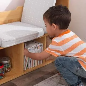 KidKraft Wooden Bookcase with Reading Nook, Storage and Gray Cushion - Natural