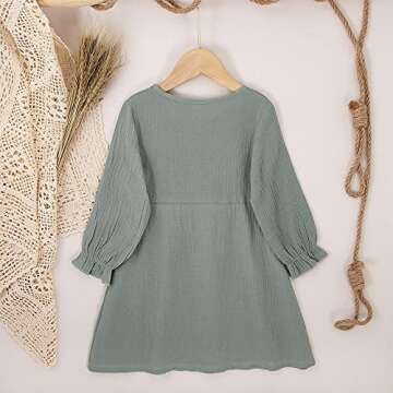 GLIGLITTR Toddler Baby Girl Cotton Linen Dress Long Sleeve Crew Neck Dresses Button Down Sundress Casual Fall White Dress (Green, 3-4T)