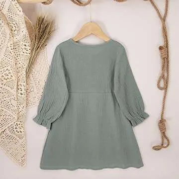 GLIGLITTR Toddler Baby Girl Cotton Linen Dress Long Sleeve Crew Neck Dresses Button Down Sundress Casual Fall White Dress (Green, 3-4T)