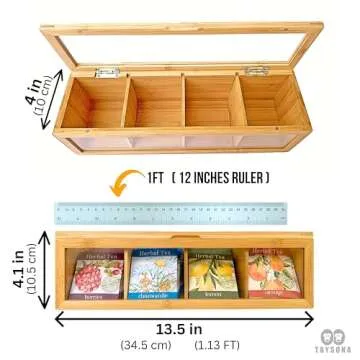 Tea Bag Organizer - Tea Organizer - Tea Storage Box with 4 Compartments (13.5" x 4" x 4.1") - Magnet...