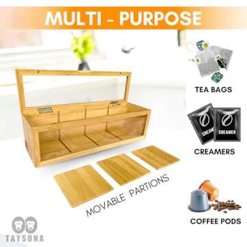 Tea Bag Organizer - Tea Organizer - Tea Storage Box with 4 Compartments (13.5" x 4" x 4.1") - Magnetic Lid & Clear Acrylic Window - Made of Bamboo - Keeps Tea Fresh - Perfect Gift for Tea Lovers