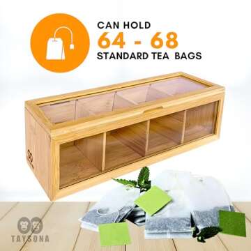 Tea Bag Organizer - Tea Organizer - Tea Storage Box with 4 Compartments (13.5" x 4" x 4.1") - Magnetic Lid & Clear Acrylic Window - Made of Bamboo - Keeps Tea Fresh - Perfect Gift for Tea Lovers
