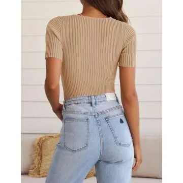 ZESICA Women's Short Sleeve T Shirts Summer V Neck Tops Casual Ribbed Knit Slim Fit Basic Tees,Toffee,Small