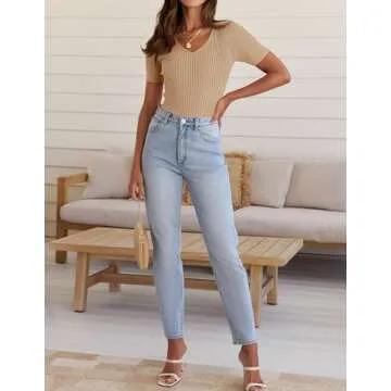 ZESICA Women's Short Sleeve T Shirts Summer V Neck Tops Casual Ribbed Knit Slim Fit Basic Tees,Toffee,Small