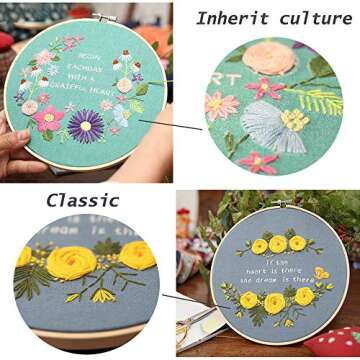 3 Pack Embroidery Starter Kit Embroidery Model, Include Pattern and Instructions, Full Range of Embroidery Tools, 3 Bamboo Embroidery Hoop, Color Threads Needle Kit (Flowers- Rose - Deer)