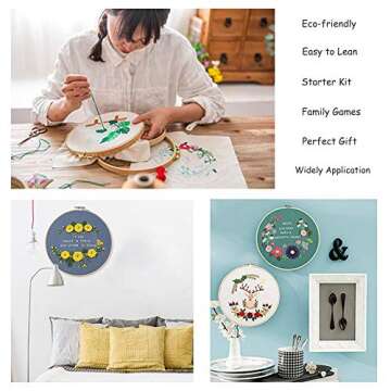 3 Pack Embroidery Starter Kit Embroidery Model, Include Pattern and Instructions, Full Range of Embroidery Tools, 3 Bamboo Embroidery Hoop, Color Threads Needle Kit (Flowers- Rose - Deer)