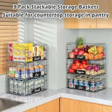 JKsmart 3 Pack XXL Stackable Wire Baskets with Handles for Pantry Storage and Organization, Fruit and Vegetable Basket with Name Plates, Metal Storage Bins for Snack Can Fruit Veggies