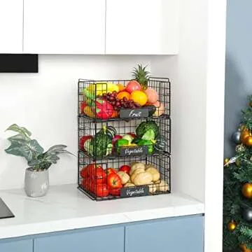 JKsmart 3 Pack XXL Stackable Wire Baskets with Handles for Pantry Storage and Organization, Fruit and Vegetable Basket with Name Plates, Metal Storage Bins for Snack Can Fruit Veggies