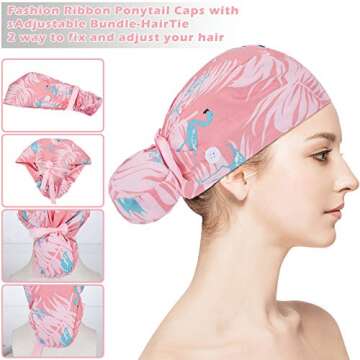 Honoson 6 Pcs Scrub Caps Women Nursing Hats with Buttons Adjustable Bouffant Nurse Hats Ponytail Hol...