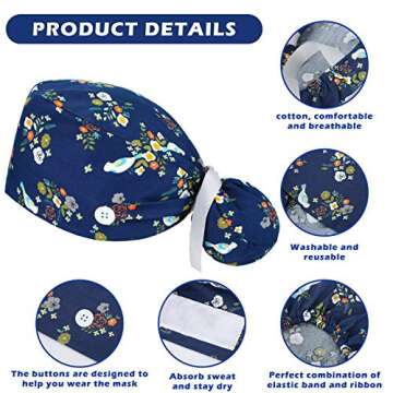 Honoson 6 Pcs Scrub Caps Women Nursing Hats with Buttons Adjustable Bouffant Nurse Hats Ponytail Holder Bouffant Turban(Fresh Patterns) Multi-Color