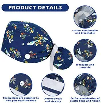 Honoson 6 Pcs Scrub Caps Women Nursing Hats with Buttons Adjustable Bouffant Nurse Hats Ponytail Holder Bouffant Turban(Fresh Patterns) Multi-Color