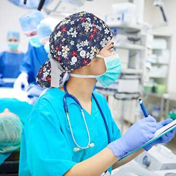 Honoson 6 Pcs Scrub Caps Women Nursing Hats with Buttons Adjustable Bouffant Nurse Hats Ponytail Holder Bouffant Turban(Fresh Patterns) Multi-Color