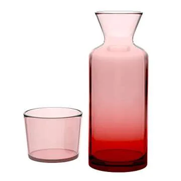 Rakle Bedside Water Carafe – 23.6oz Water Carafe and Glass – Red Colored Glass Water Pitcher for...