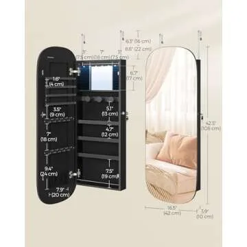 SONGMICS Jewelry Organizer, LED Jewelry Cabinet Wall or Door Mounted, Lockable Rounded Wide Mirror with Storage, Interior Mirror, 3.9 x 16.5 x 42.5 Inches, Black Surface with Black Lining