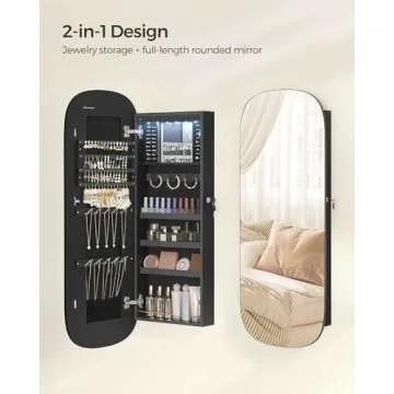 SONGMICS Jewelry Organizer, LED Jewelry Cabinet Wall or Door Mounted, Lockable Rounded Wide Mirror with Storage, Interior Mirror, 3.9 x 16.5 x 42.5 Inches, Black Surface with Black Lining