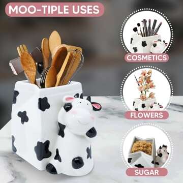 Sixdrop Utensil Holder | Cow Gifts for Women | Cow Stuff Print Kitchen Crock Storage | Accessories Decoration for Women | La Vaca Animal Cow Decor | Countertop Cow Stuff Vase