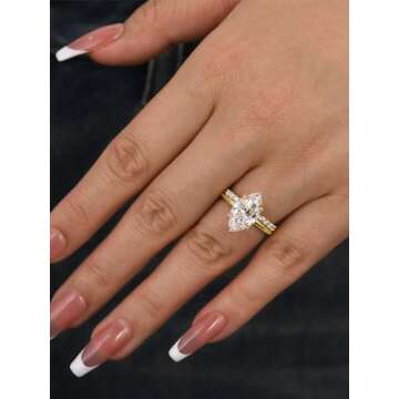 RODIFFY 3.5CT Marquise Cut Engagement Ring Set,18K Yellow Gold Plated 925 Sterling Silver Bridal Ring Set with Open Wedding band (Yellow Gold, 7)