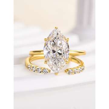 RODIFFY 3.5CT Marquise Cut Engagement Ring Set,18K Yellow Gold Plated 925 Sterling Silver Bridal Ring Set with Open Wedding band (Yellow Gold, 7)