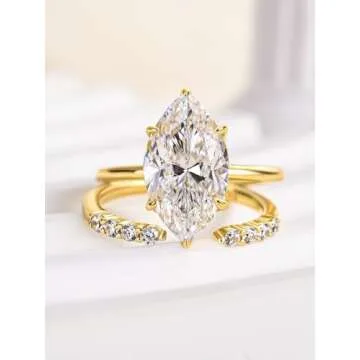 RODIFFY 3.5CT Marquise Cut Engagement Ring Set,18K Yellow Gold Plated 925 Sterling Silver Bridal Ring Set with Open Wedding band (Yellow Gold, 7)