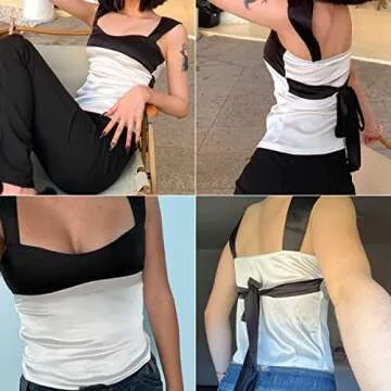 ANKOMINA Women's Satin Plunge Tube Crop Tops Sexy Y2K Sleeveless Backless Cami Vest Top Streetwear White