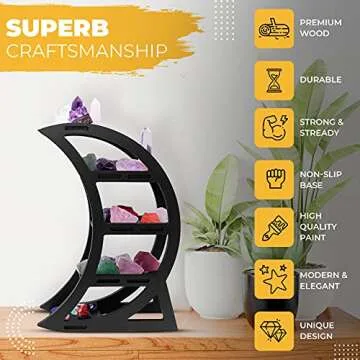 CEFRECO Wooden Crystal Display Shelf - Crystal Holder for Stones and Essential Oil - Black Witchy Decor Crescent Moon Phrase Decorative Shelves for Table Top - Unique Crystal Shelf Display Stand