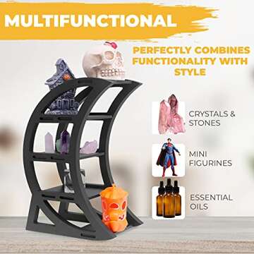 CEFRECO Wooden Crystal Display Shelf - Crystal Holder for Stones and Essential Oil - Black Witchy Decor Crescent Moon Phrase Decorative Shelves for Table Top - Unique Crystal Shelf Display Stand