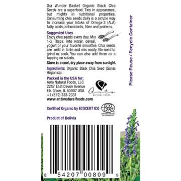 Wunder Basket Organic Chia Seeds Black, 3 LB Jar, w/Scoop - Raw, Non-GMO, Vegan
