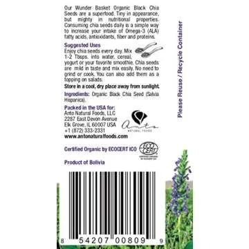 Wunder Basket Organic Chia Seeds Black, 3 LB Jar, w/Scoop - Raw, Non-GMO, Vegan