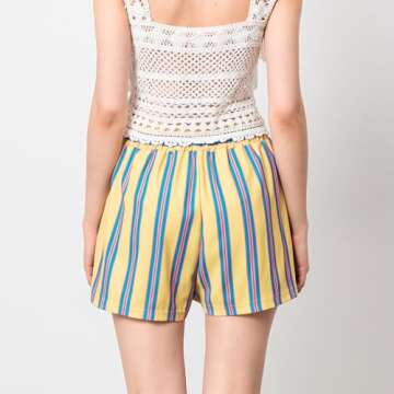 Women Cute Boxer Pajamas Shorts Striped High Waist Wide Leg Lounge Shorts Summer Casual Pj Bottoms Sleepwear Yellow