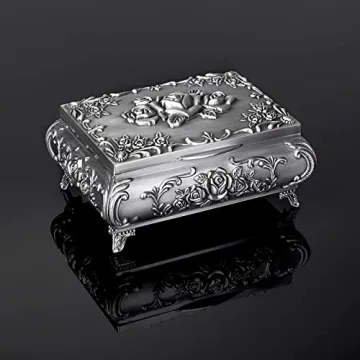 ELLDOO Vintage Music Box, Silver Metal Musical Jewelry Box Keepsake Box, Small Trinket Jewelry Storage Box Gift for Girl Women (Tune: You are My Sunshine)