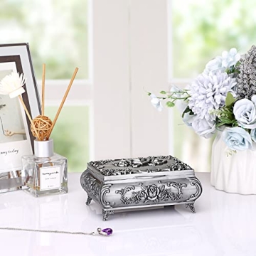 ELLDOO Vintage Music Box, Silver Metal Musical Jewelry Box Keepsake Box, Small Trinket Jewelry Storage Box Gift for Girl Women (Tune: You are My Sunshine)