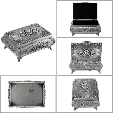 ELLDOO Vintage Music Box, Silver Metal Musical Jewelry Box Keepsake Box, Small Trinket Jewelry Storage Box Gift for Girl Women (Tune: You are My Sunshine)