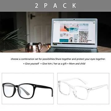 CHBP Blue-Light-Blocking-Glasses for Women Computer Glasses Man，2 Pack Gaming Eyeglasses Fashion Frame(black+transparent)