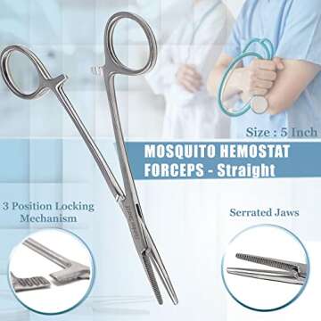 Mosquito Hemostat Locking Forceps 5" Straight with Full Serrated Jaws Ideal for Clamping, Fishing, Firefighters Nurses Doctors + More (Silver)