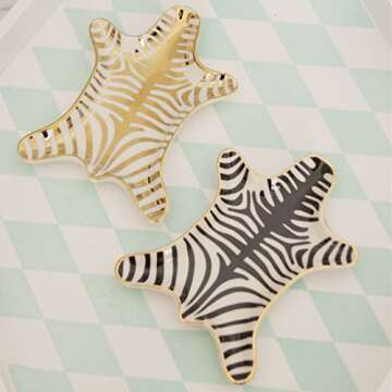 NUYKOUY Zebra Stripe Jewelry Tray Ceramic Dishes Plate Gilded 5.9", Gold (Black)