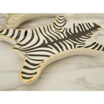 NUYKOUY Zebra Stripe Jewelry Tray Ceramic Dishes Plate Gilded 5.9", Gold (Black)