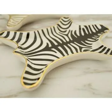 NUYKOUY Zebra Stripe Jewelry Tray Ceramic Dishes Plate Gilded 5.9", Gold (Black)