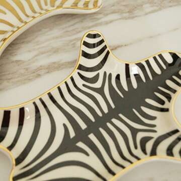 NUYKOUY Zebra Stripe Jewelry Tray Ceramic Dishes Plate Gilded 5.9", Gold (Black)