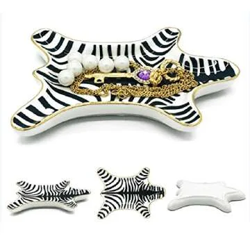 NUYKOUY Zebra Stripe Jewelry Tray Ceramic Dishes Plate Gilded 5.9", Gold (Black)