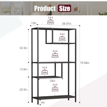 HOME BI Tall Black Bookshelf with 5 Open Shelves
