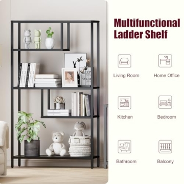 HOME BI Tall Black Bookshelf with 5 Open Shelves