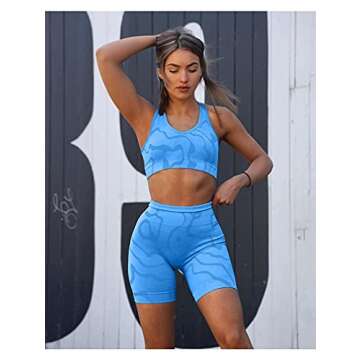 GXIN Women's Workout 2 Piece Outfits High Waist Running Shorts Seamless Gym Yoga Sports Bra Blue