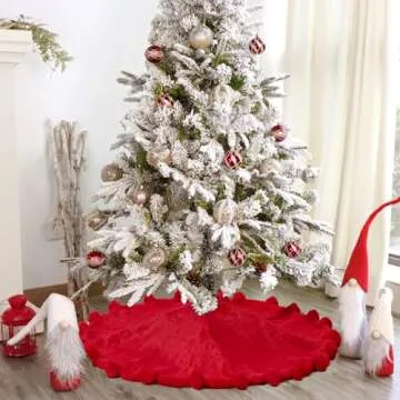 ORTIGIA Red Christmas Tree Skirt 48 Inch with POM POM, Red Faux Fur Soft Plush Christmas Xmas Tree S...