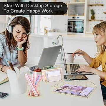 TNELTUEB Gold Desk Organizer Set, 5 Piece Desk Accessories Set- Letter Sorter, Paper Tray, Pen Cup, ...