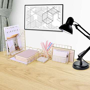 TNELTUEB Gold Desk Organizer Set, 5 Piece Desk Accessories Set- Letter Sorter, Paper Tray, Pen Cup, Magazine File, Sticky Note Holder Desktop Organization for Home or Office